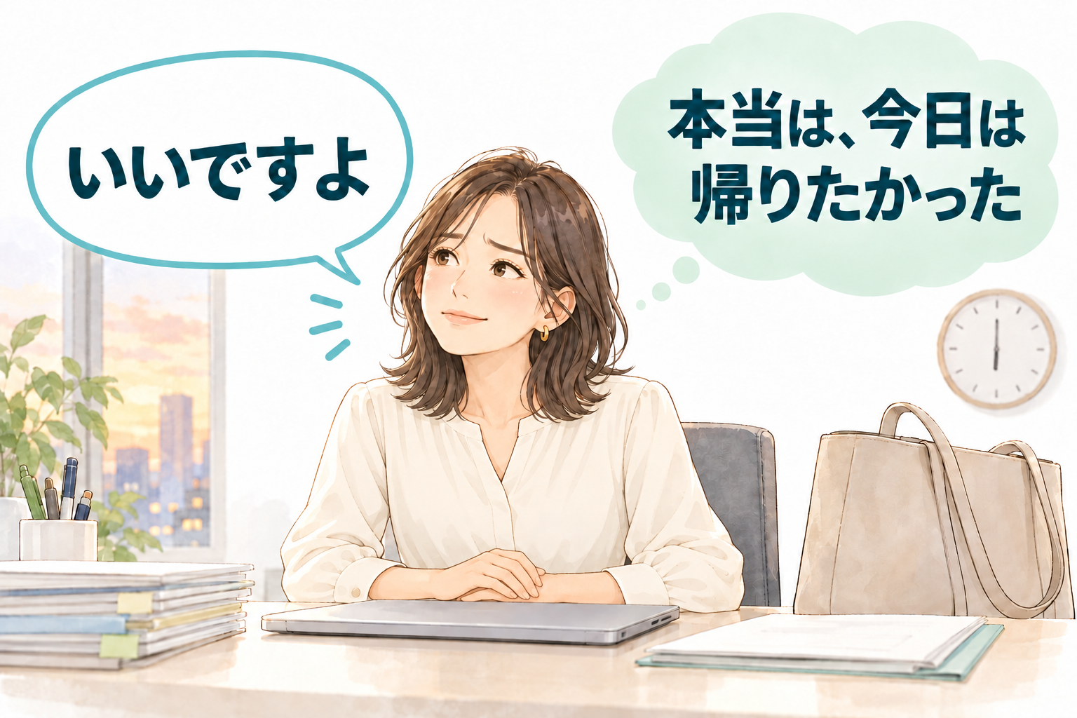 いいですよと笑顔で答えながらも、眉を少し寄せ、本当は今日は帰りたかったという本音を抱える女性
