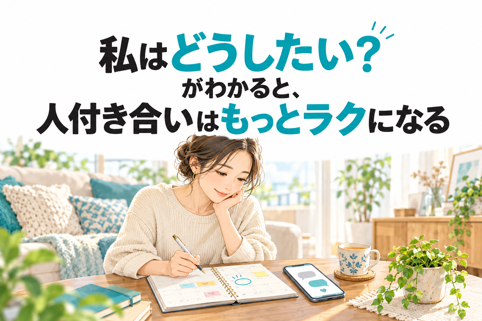 「私はどうしたい？」がわかると、人付き合いはもっとラクになる。手帳を見ながら会う予定を考える女性